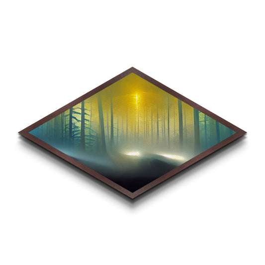 Forest Glow Tranquility Diamond Shaped Canvas Art Print, Misty Pines Sunrise Landscape Wall Decor, Nature Inspired Zen Room Accent