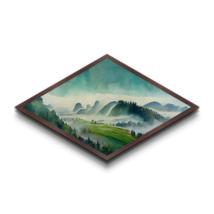 Watercolor Hills Serenity Diamond Shaped Canvas Textured Print, Misty Mountains Landscape Wall Decor, Tranquil Pastel Green Tones