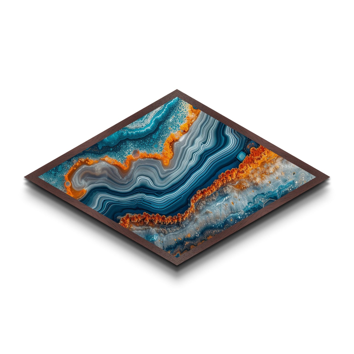 Aqua Flame Vein Diamond Shaped Canvas Textured Print Agate Crystal Slice Wall Decor Earth Tones Modern Bathroom Gift