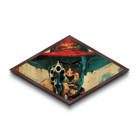 Western Gunman Gaze Diamond Shaped Canvas Embossed Print Pop Art Cowboy Portrait Bold Americana Wall Decor Man Cave Accent