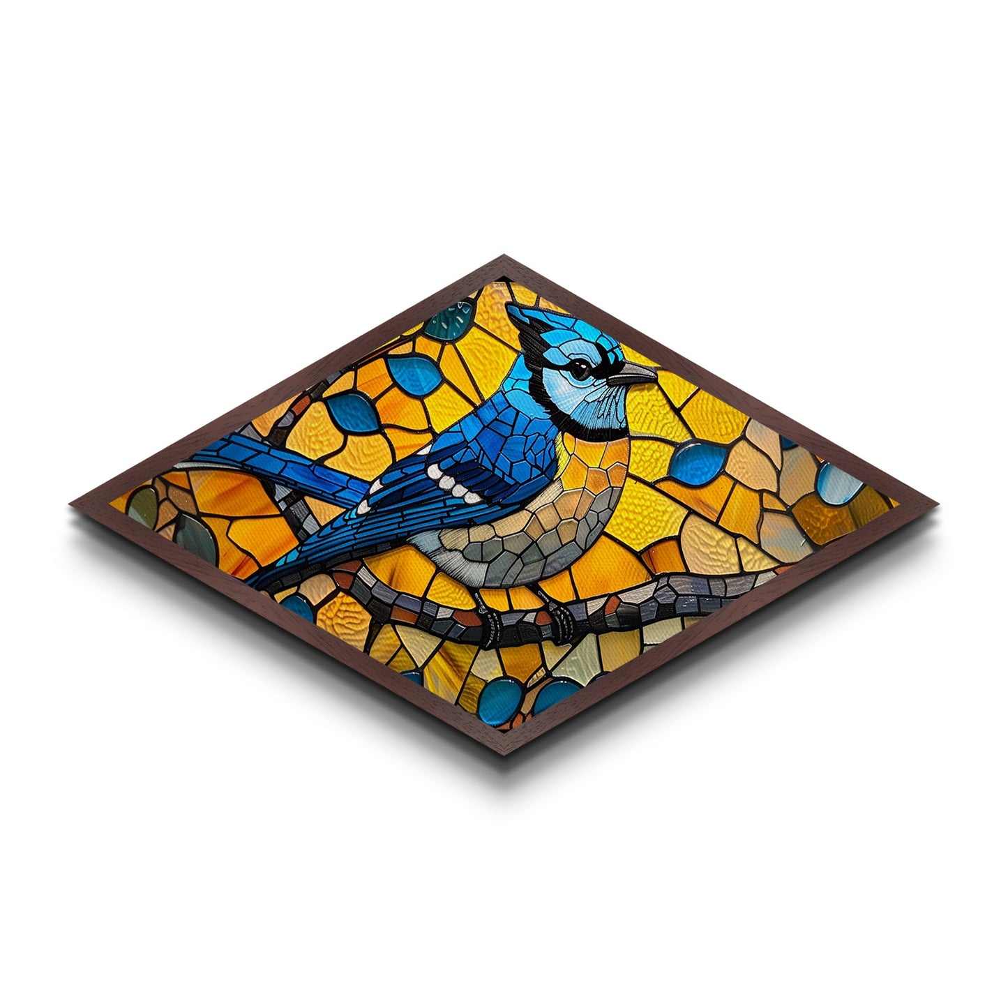 Stained Glass Bluejay Diamond Shaped Canvas Textured Print Bird Art Sunlit Window Look Nature Lover Gift Rustic Home Decor