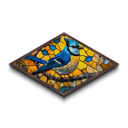 Stained Glass Bluejay Diamond Shaped Canvas Textured Print Bird Art Sunlit Window Look Nature Lover Gift Rustic Home Decor