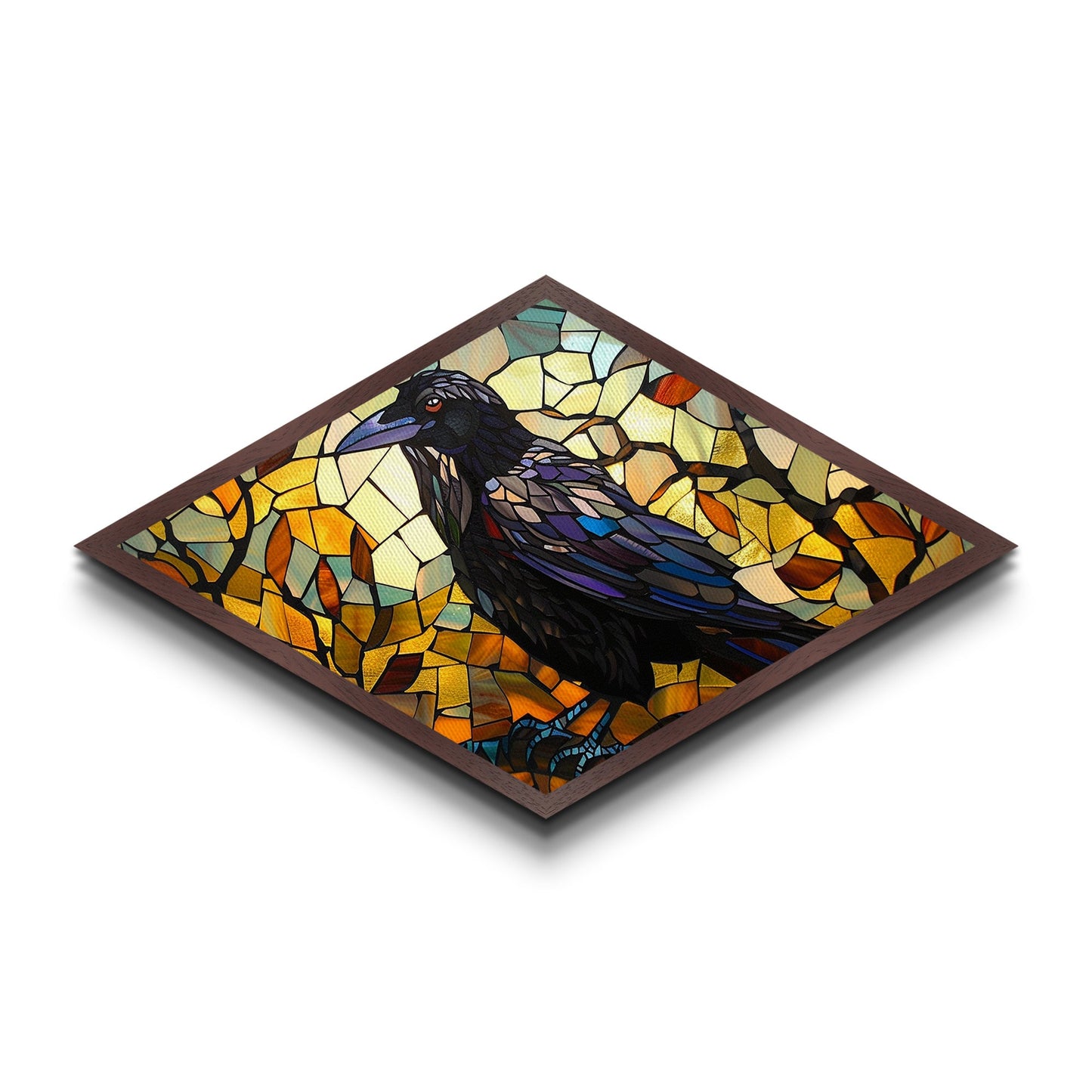Raven Glass Shadows Diamond Shaped Canvas Art Print Stained Glass Crow Art Autumn Color Wall Decor Halloween Gothic Aesthetic