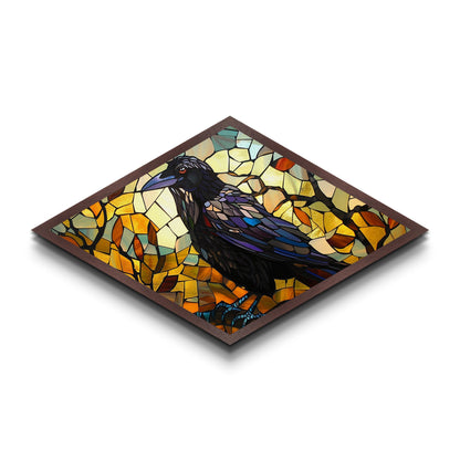 Raven Glass Shadows Diamond Shaped Canvas Art Print Stained Glass Crow Art Autumn Color Wall Decor Halloween Gothic Aesthetic
