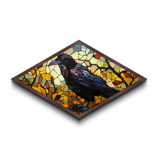 Raven Glass Shadows Diamond Shaped Canvas Art Print Stained Glass Crow Art Autumn Color Wall Decor Halloween Gothic Aesthetic