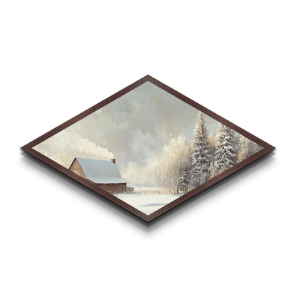 Snowy Cabin Peace – Diamond Shaped Canvas Textured Print rustic winter scene landscape wall art cozy Christmas lodge aesthetic decor