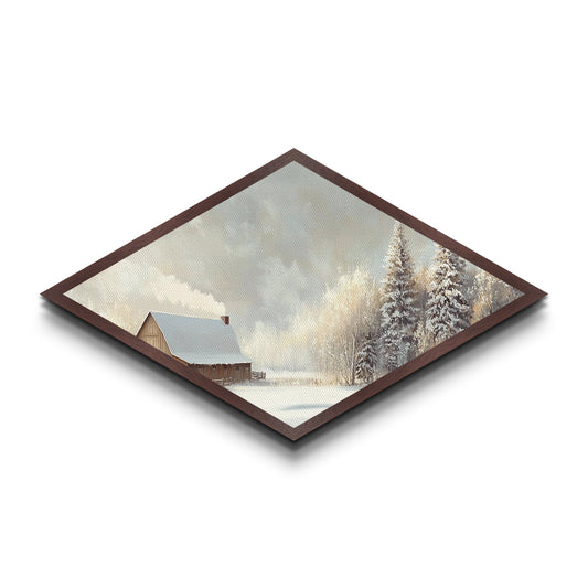 Snowy Cabin Peace – Diamond Shaped Canvas Textured Print rustic winter scene landscape wall art cozy Christmas lodge aesthetic decor