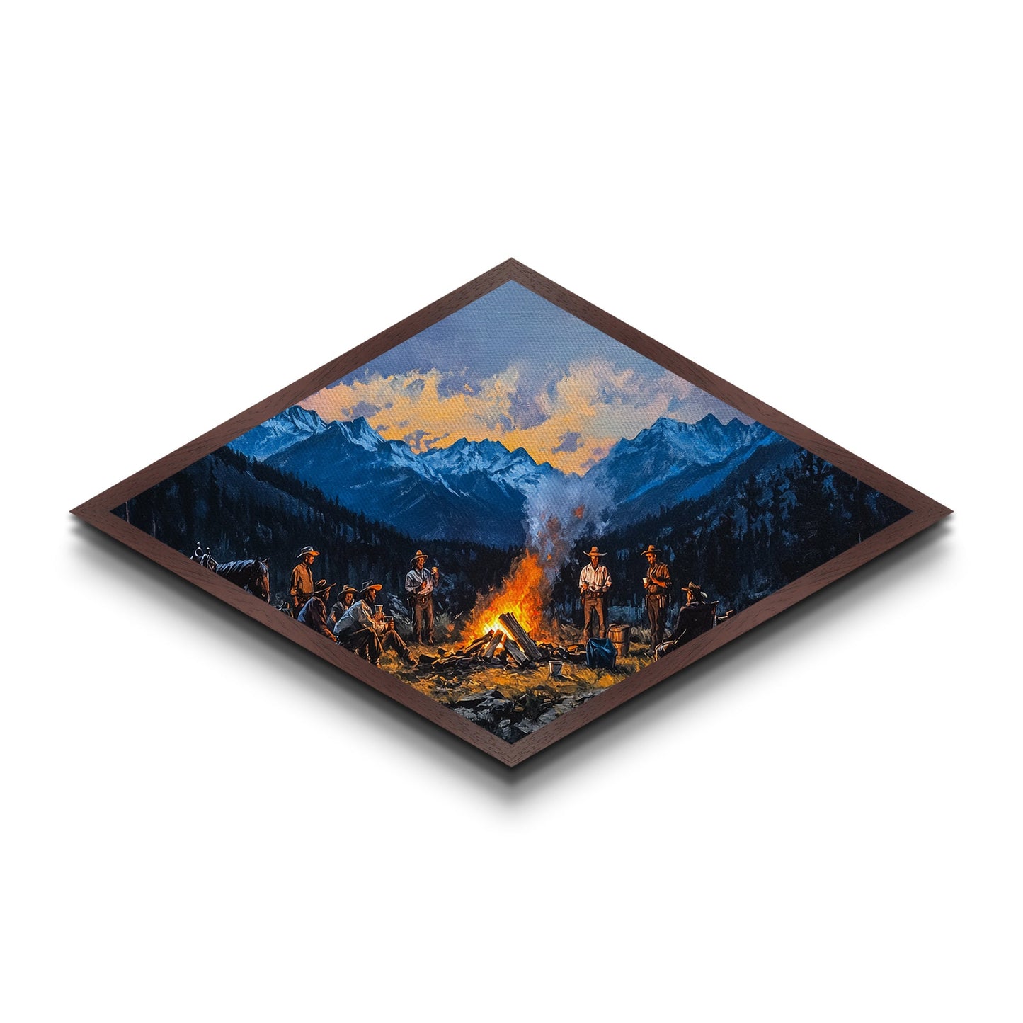 Campfire Cowboys – Diamond Shaped Canvas Art Print western rustic painting mountain landscape cowboy lodge living room Americana decor