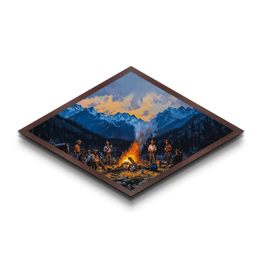 Campfire Cowboys – Diamond Shaped Canvas Art Print western rustic painting mountain landscape cowboy lodge living room Americana decor