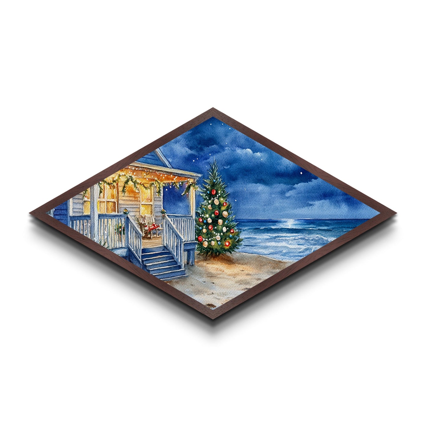 Coastal Christmas – Diamond Shaped Canvas Textured Print holiday beach house watercolor art oceanfront winter tree porch night scene