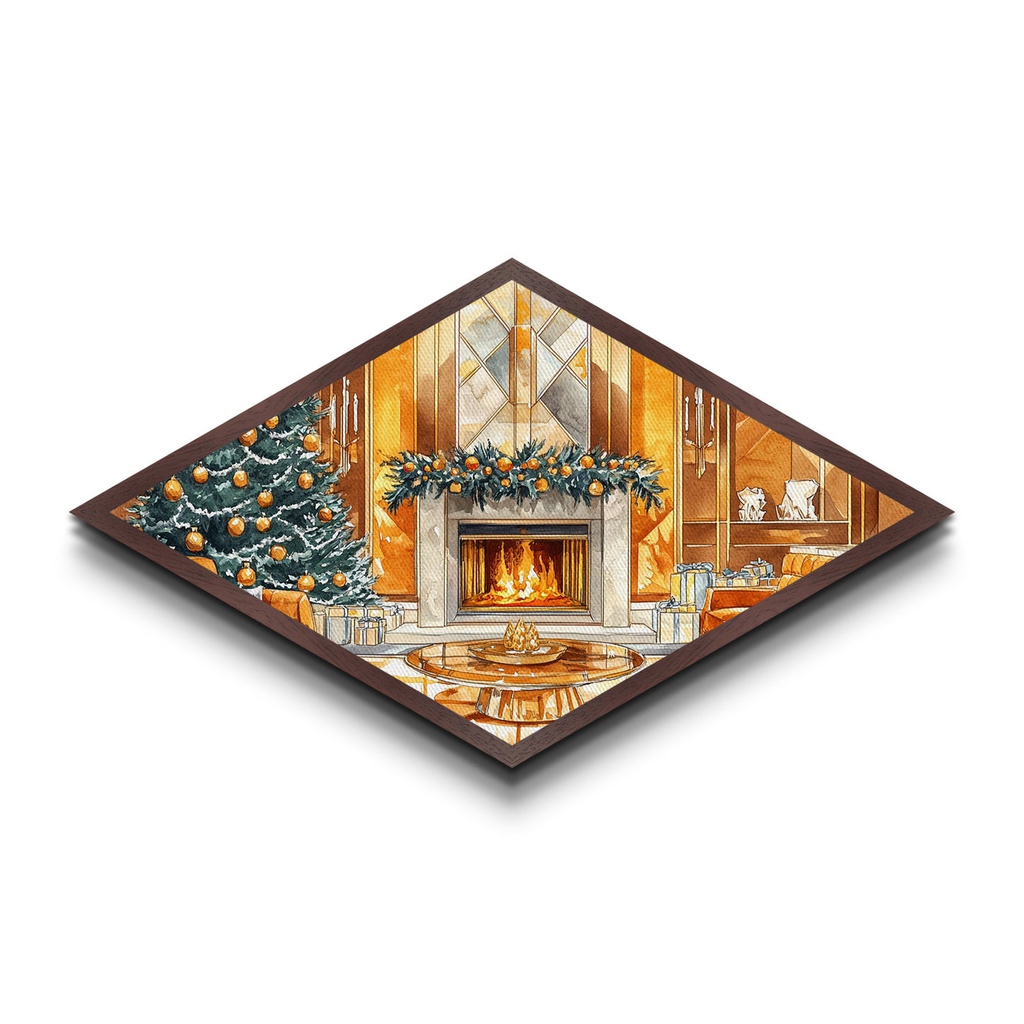 Festive Hearth – Diamond Shaped Canvas Textured Print cozy Christmas interior holiday fireplace art living room seasonal winter decor