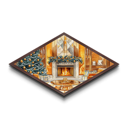 Festive Hearth – Diamond Shaped Canvas Textured Print cozy Christmas interior holiday fireplace art living room seasonal winter decor