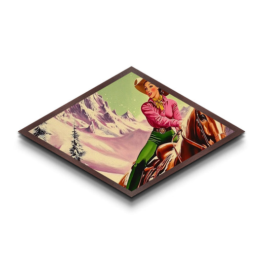 Pink Cowgirl Portrait Diamond Shaped Canvas Embossed Print vintage western glam bedroom decor rustic fashion wall art gift idea