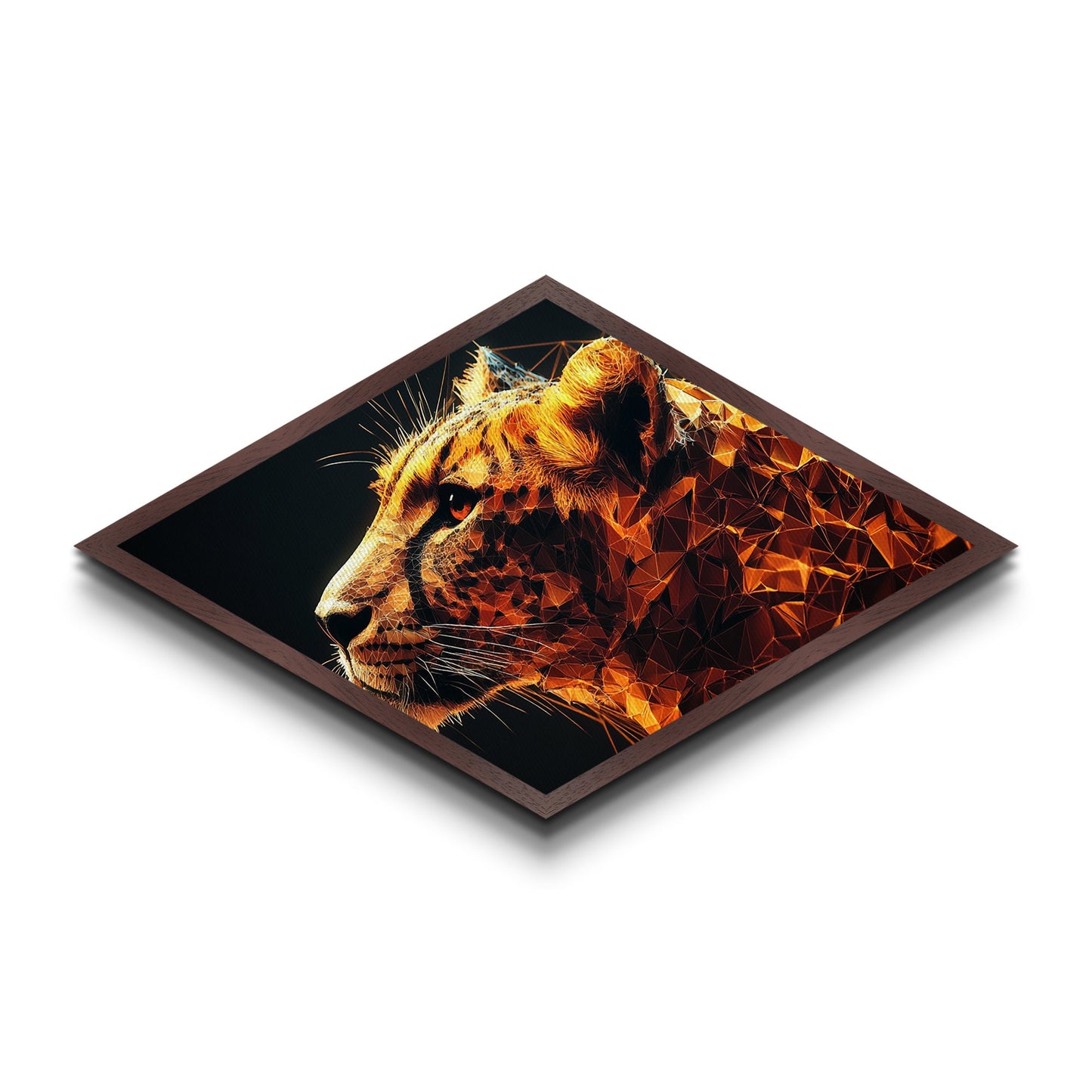 Prismatic Tiger Tech Diamond Shaped Canvas Embossed Print futuristic animal artwork digital geometric wild cat bedroom den or gamer wall piece