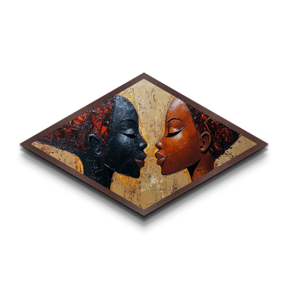 Radiant Unity - Diamond Shaped Canvas Embossed Print Modern Afrocentric Art Bedroom Wall Decor Couple Gift Bold Abstract Expression