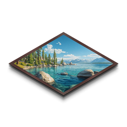 Alpine Stillness - Diamond Shaped Canvas Art Print Mountain Lake Nature Decor Rustic Lodge Wall Accent Peaceful Retreat Landscape