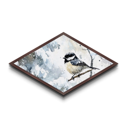 Winter Perch - Diamond Shaped Canvas Textured Print Snowy Bird Wall Art Woodland Wildlife Christmas Cabin Nature Room Accent
