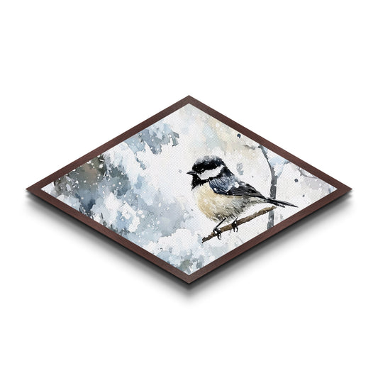 Winter Perch - Diamond Shaped Canvas Textured Print Snowy Bird Wall Art Woodland Wildlife Christmas Cabin Nature Room Accent