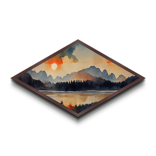 Sunset Over The Smoky Mountains, Diamond Shaped Art Print, Watercolor Landscape Painting, Nature Decor, Canvas Texture Art Print