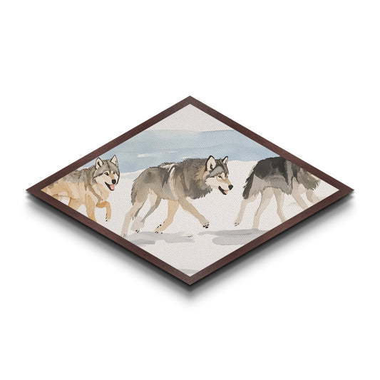 Wolf Pack In The Snow, Framed Canvas Print, Beautiful Watercolor Painting Of Wolves, Canvas Art Print, Diamond Shaped Art