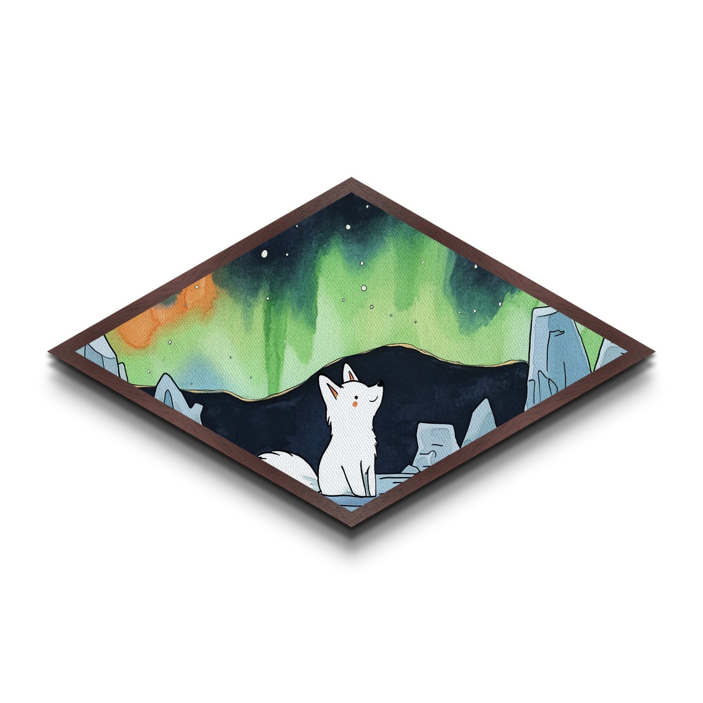 Cute Wolf Cub Under The Northern Lights, Diamond Shaped Canvas Texture Art Print, Coastal Boho Decor