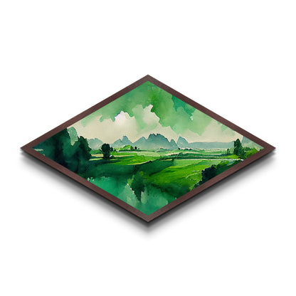 Verdant Horizon Diamond Shaped Landscape Wall Art Canvas Embossed Print Green Mountain Nature Illustration Pastoral Home Decor Accent