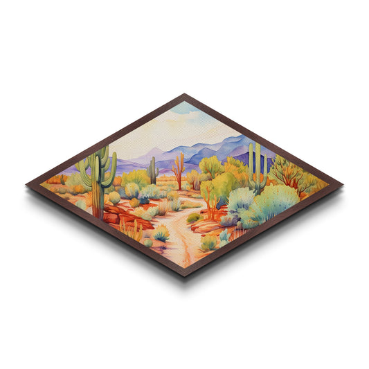 Desert Garden Pathway Diamond Shaped Canvas Embossed Print colorful southwest watercolor cacti art modern boho living room piece