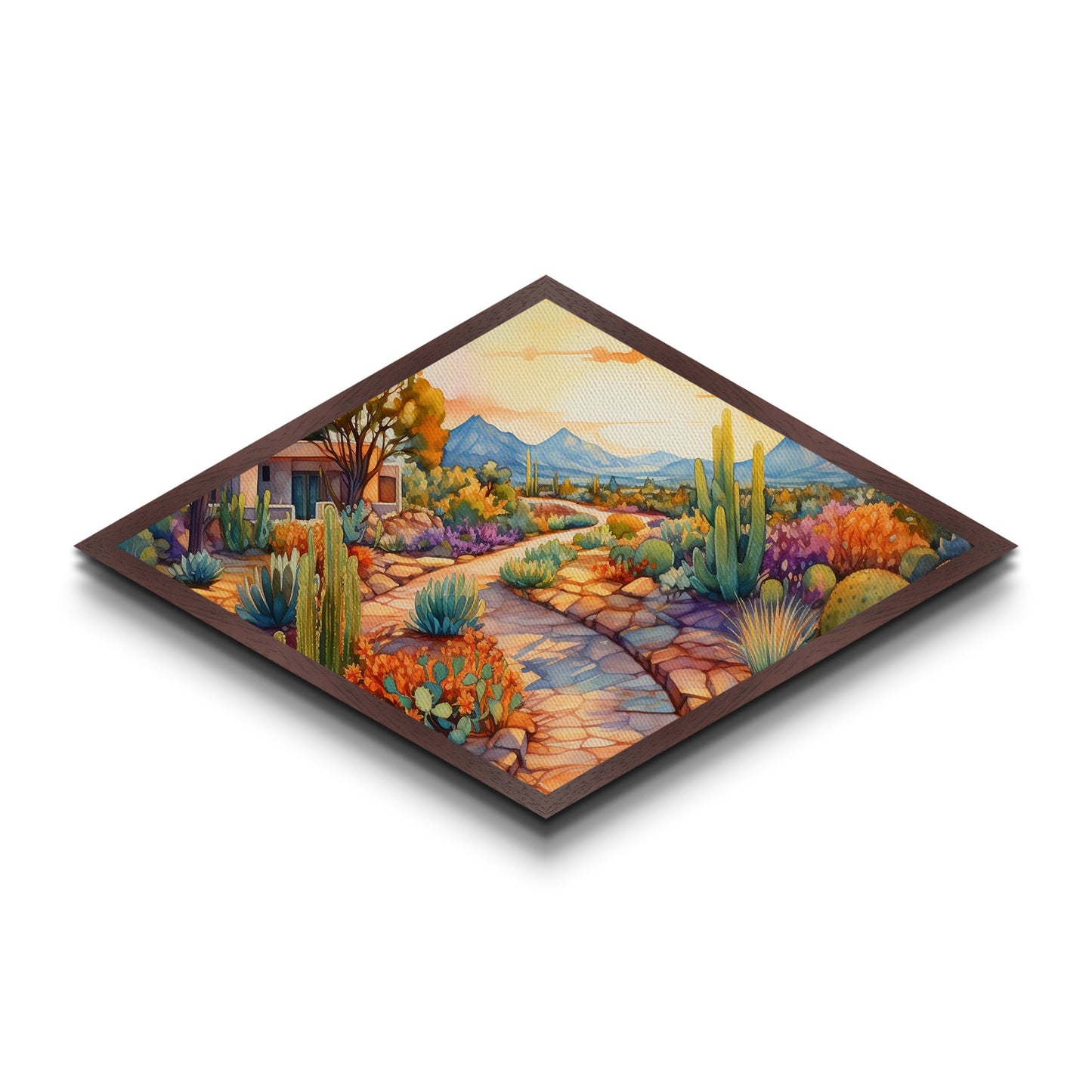 Southwest Garden Retreat Diamond Shaped Canvas Art Print desert botanical cacti and succulents colorful landscape art decor accent