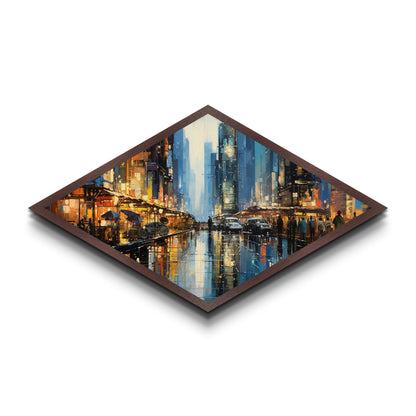 City Street Buzz Diamond Shaped Canvas Embossed Print rainy night urban scene bright lights pedestrians modern cityscape wall decor