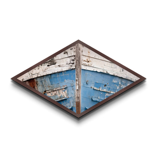 Chipped Boat Nostalgia Diamond Shaped Canvas Embossed Print rustic nautical decor blue white boat hull worn texture seaside wall piece