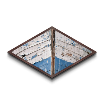 Distressed Vessel Edge Diamond Shaped Canvas Art Print coastal ship hull rustic weathered nautical marine decor blue tones boatfront