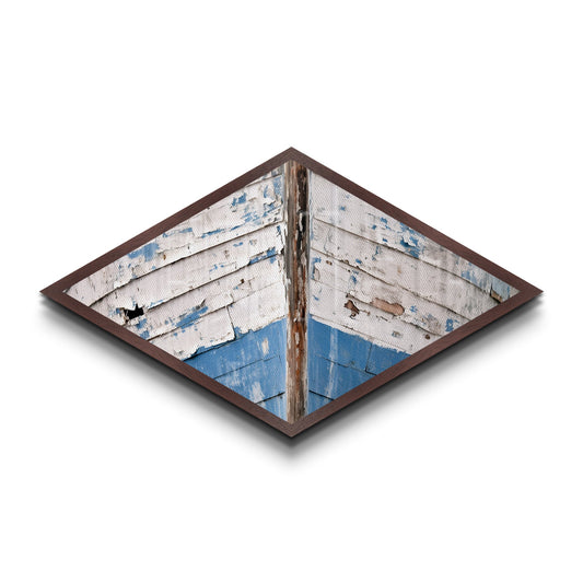 Distressed Vessel Edge Diamond Shaped Canvas Art Print coastal ship hull rustic weathered nautical marine decor blue tones boatfront