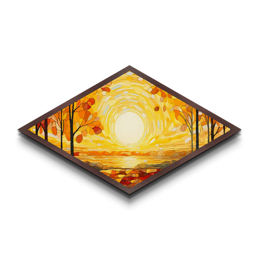 Diamond Shaped River Valley Glow Canvas Textured Print Autumn Mountain Landscape Warm Colors Nature Wall Decor Outdoor Lodge Art