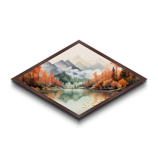 Diamond Shaped Winter Forest Mosaic Canvas Textured Print Snowy Landscape Sunset Trees Stained Glass Look Seasonal Home Wall Art