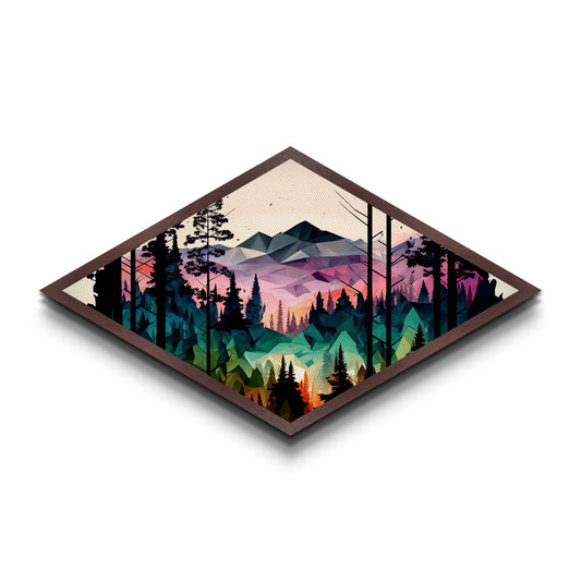 Polygonal Peaks View – Diamond Shaped Geometric Mountain Landscape Canvas Art Print, Nature Forest Sunrise Wall Accent