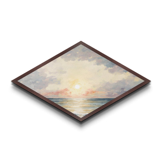 Radiant Sea Sunrise – Diamond Shaped Watercolor Seascape Canvas Embossed Print, Soft Coastal Horizon Wall Decoration
