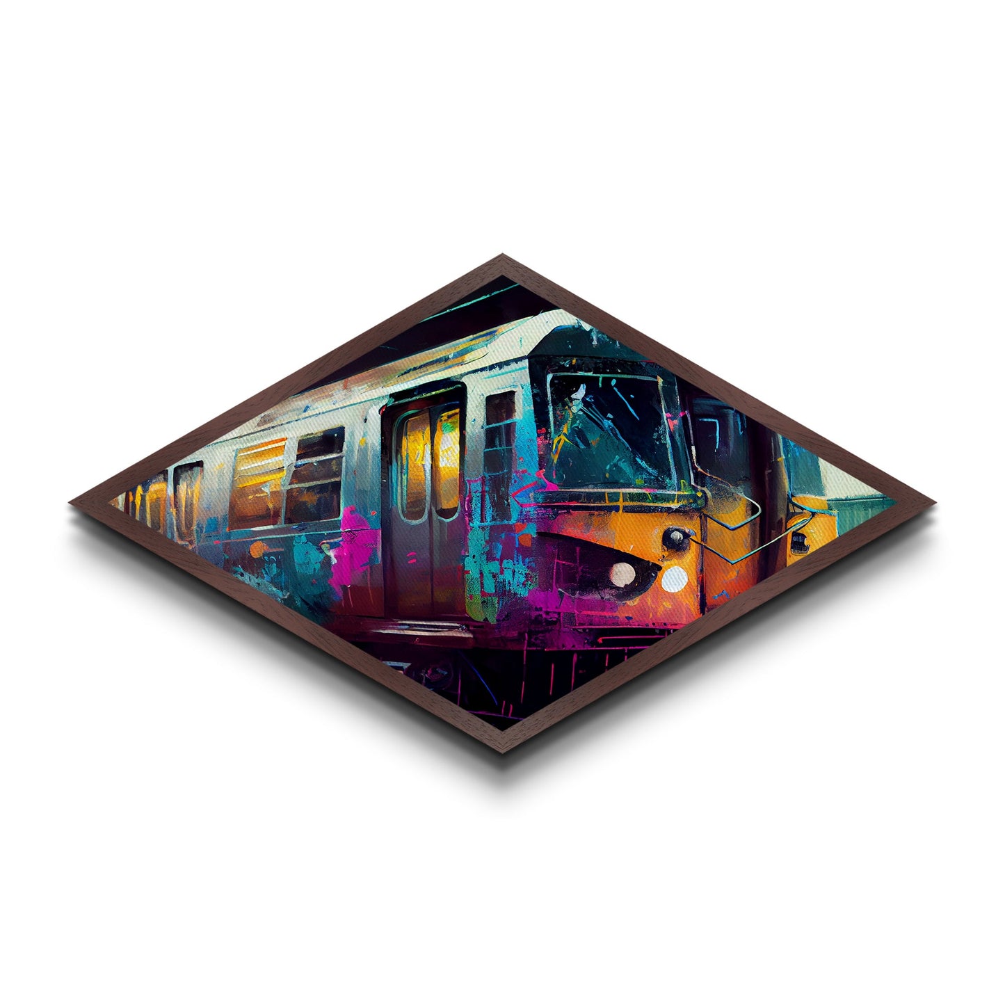 Color Splashed Metro – Diamond Shaped Street Art Subway Canvas Embossed Print, Vibrant Urban Train Graffiti Home Accent