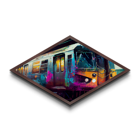 Color Splashed Metro – Diamond Shaped Street Art Subway Canvas Embossed Print, Vibrant Urban Train Graffiti Home Accent