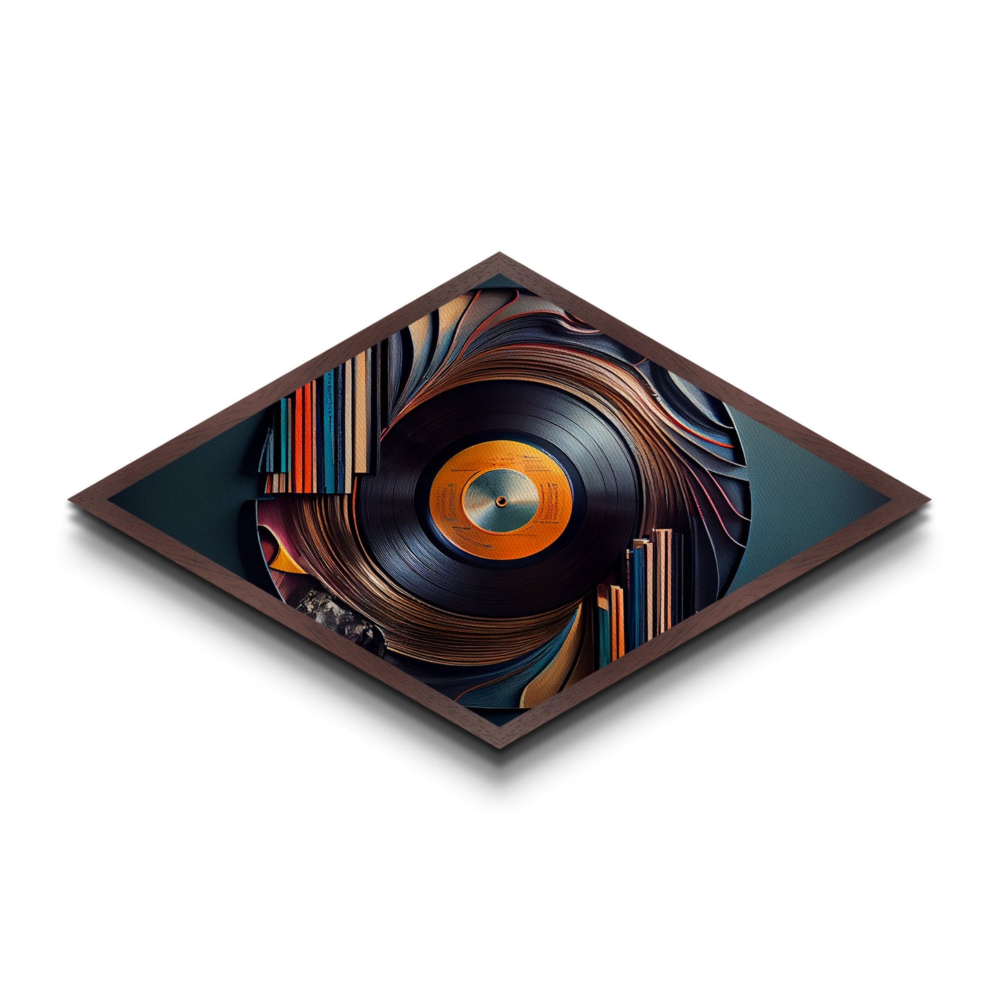 Vinyl Whirl Swirl – Diamond Shaped Retro Record Canvas Art Print, Music Room Decor with Bookshelf Turntable Vibe