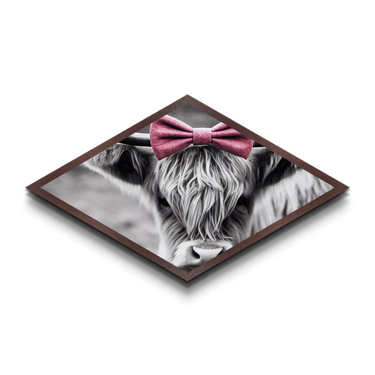 Diamond Shaped Cow Glance — Monochrome Highland Cow Canvas Textured Print, Farm Wall Decor, Whimsical Animal Art with Bow