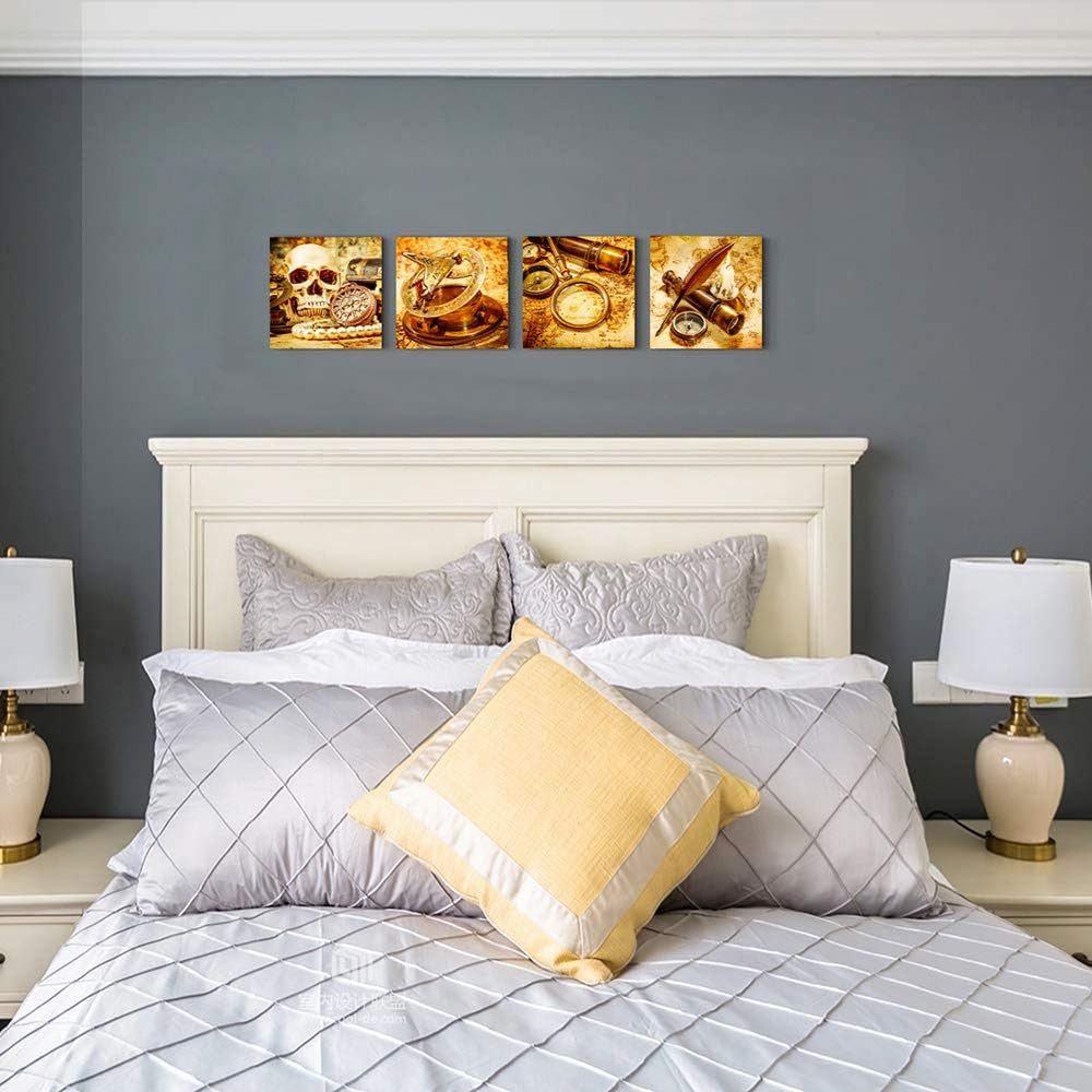 Nautical Elegance: Pirate Ship Compass Wall Art - 4 Piece Framed Watercolor Canvas Prints for Home, Office & Bathroom Decor