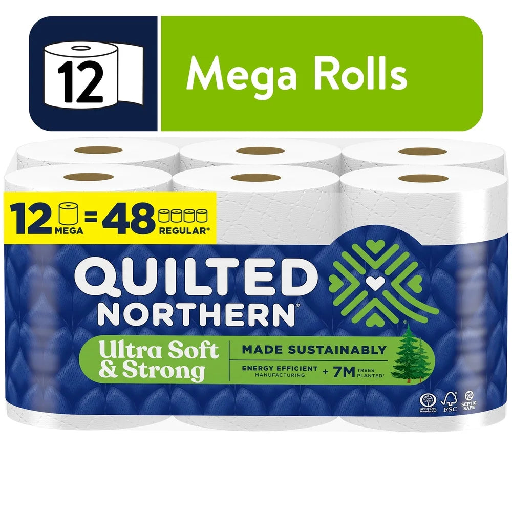 Ultra Soft Strong 12 Mega Rolls 2-Ply Toilet Paper Eco-Friendly Sustainable Comfort Strength Septic Safe 5X Stronger Durable