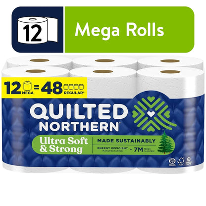 Ultra Soft Strong 12 Mega Rolls 2-Ply Toilet Paper Eco-Friendly Sustainable Comfort Strength Septic Safe 5X Stronger Durable