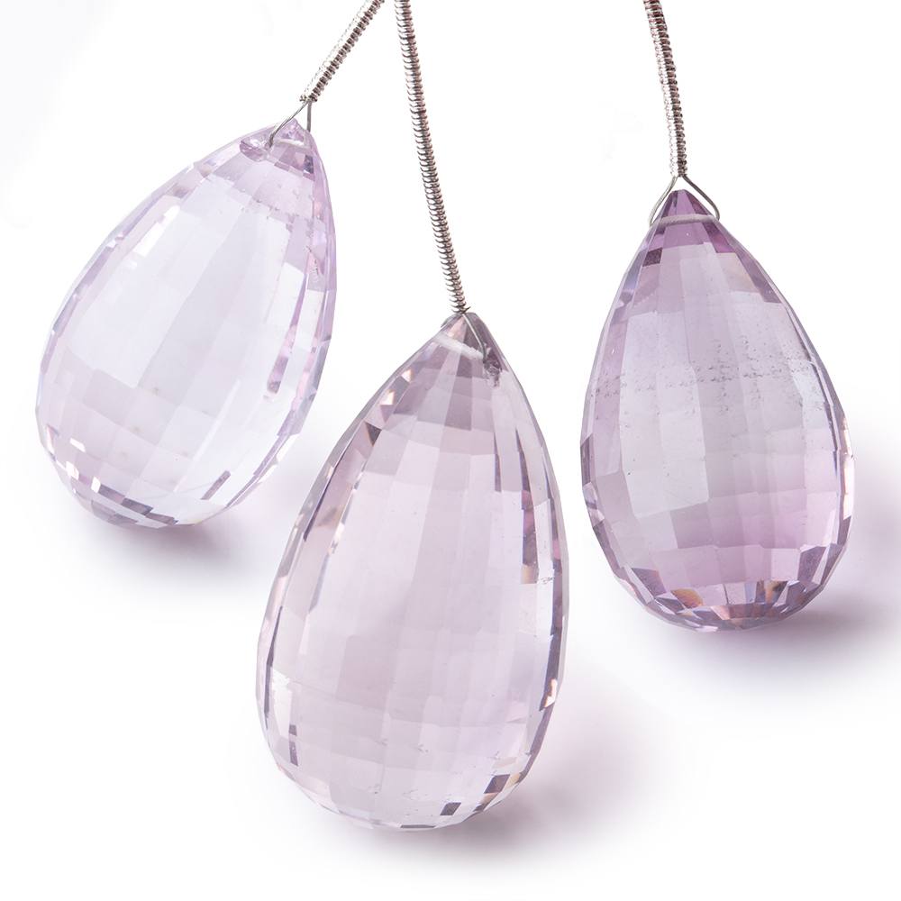 31-40mm Pink Amethyst Checkerboard Faceted Tear Drop Focal Set of 3 Beads AAA