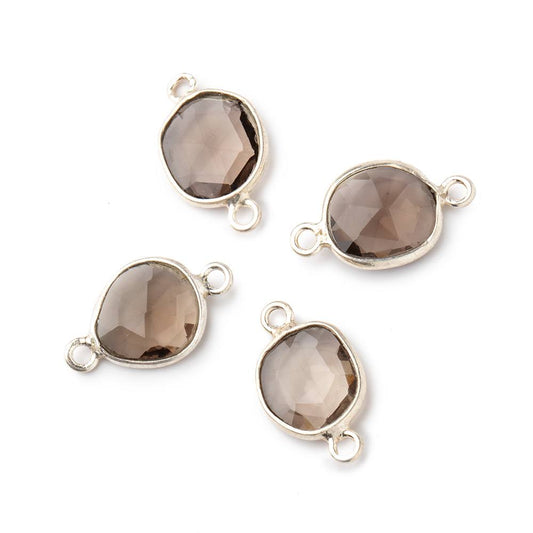 10x9mm Silver .925 Bezel Smoky Quartz Faceted Nugget Connector Set of 4 pieces