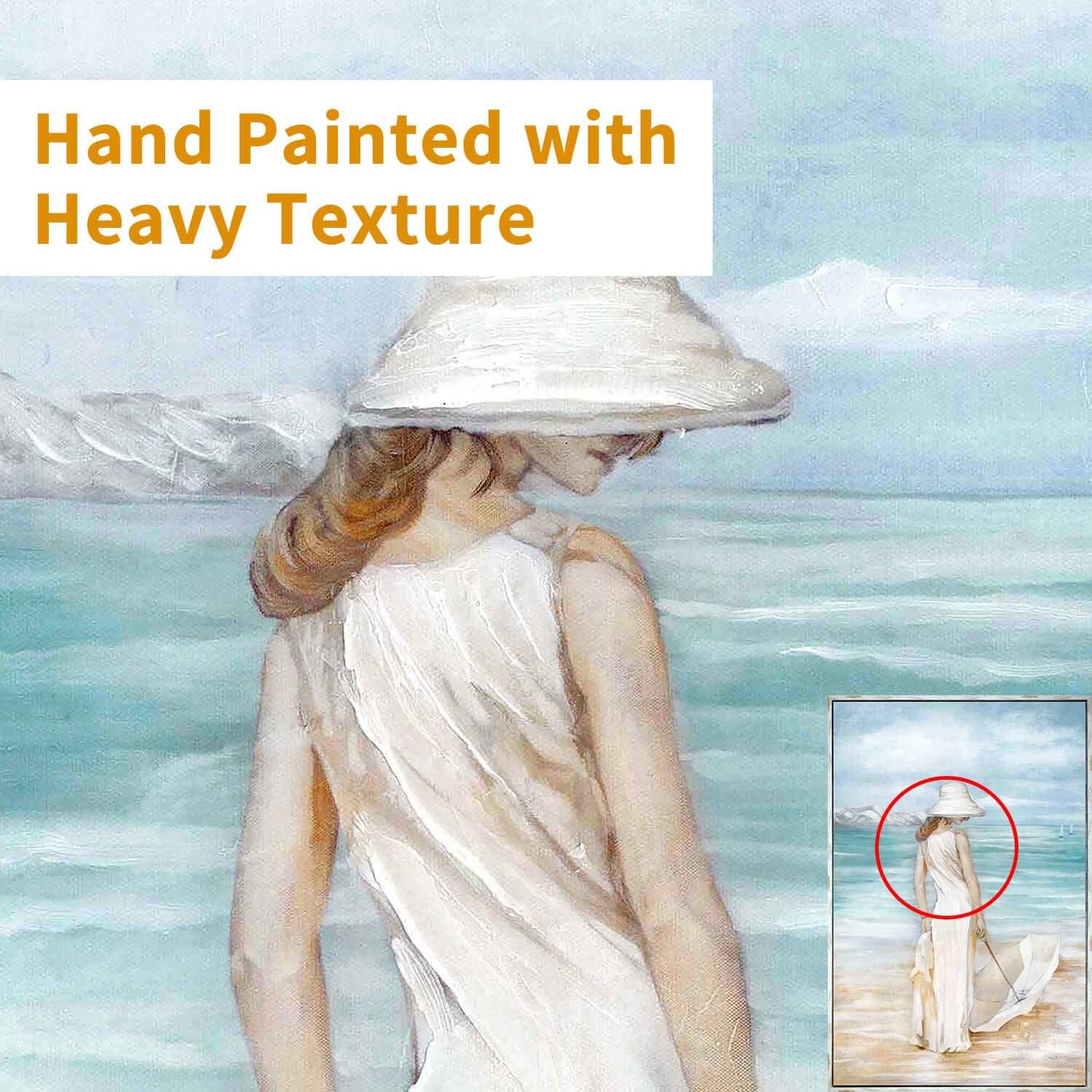 Modern Coastal Beach Canvas Art - Hand-Painted Ocean Scene with Women & Umbrella - Framed Wall Décor for Bedroom (45” x 30”)