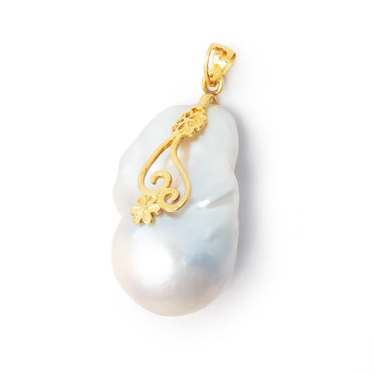 31x20mm Vermeil Capped White Ultra Baroque Pearl Pendant 1 focal