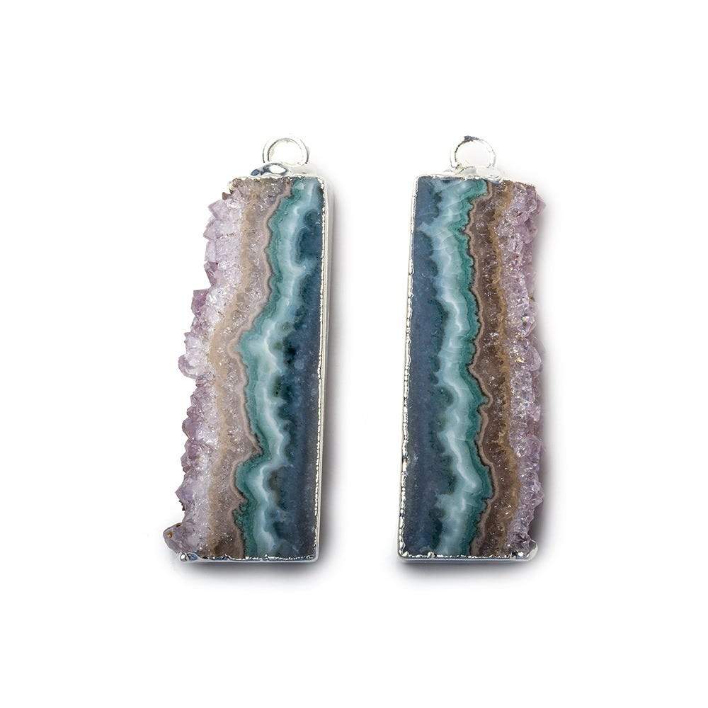 32x12mm Silver Leafed Amethyst & Chalcedony Drusy Natural Slice Pendant Set of 2