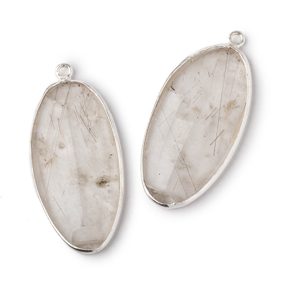 32x17mm .925 Silver Bezel Rutilated Quartz Faceted Freeform Set of 2 Pendants