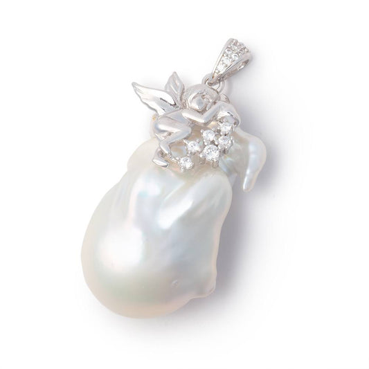 32x20mm .925 Silver Capped White Ultra Baroque Pearl Pendant 1 focal